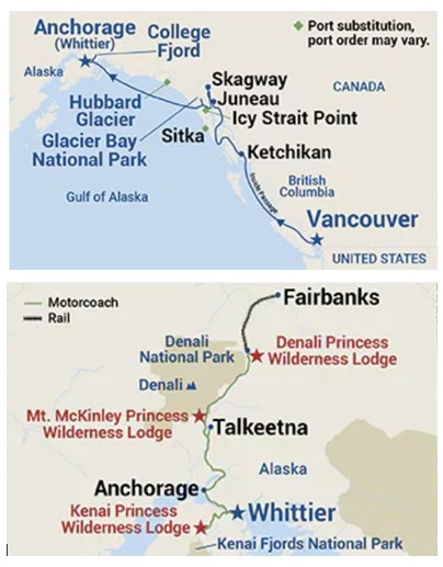 Alaska Cruise and Land Tour route map